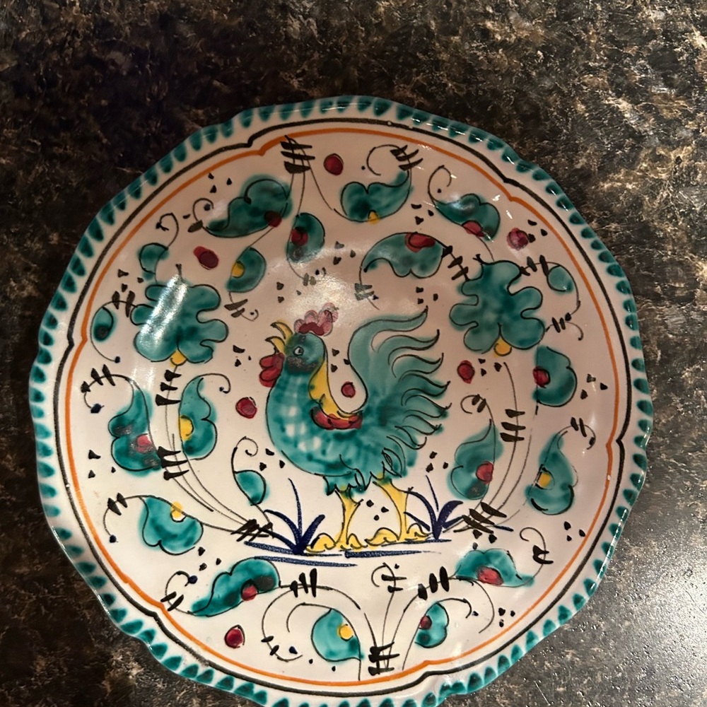 Handcrafted DERUTA OF ITALY Ceramic ORVIETO Green Rooster Scalloped Plate 6 3/8”